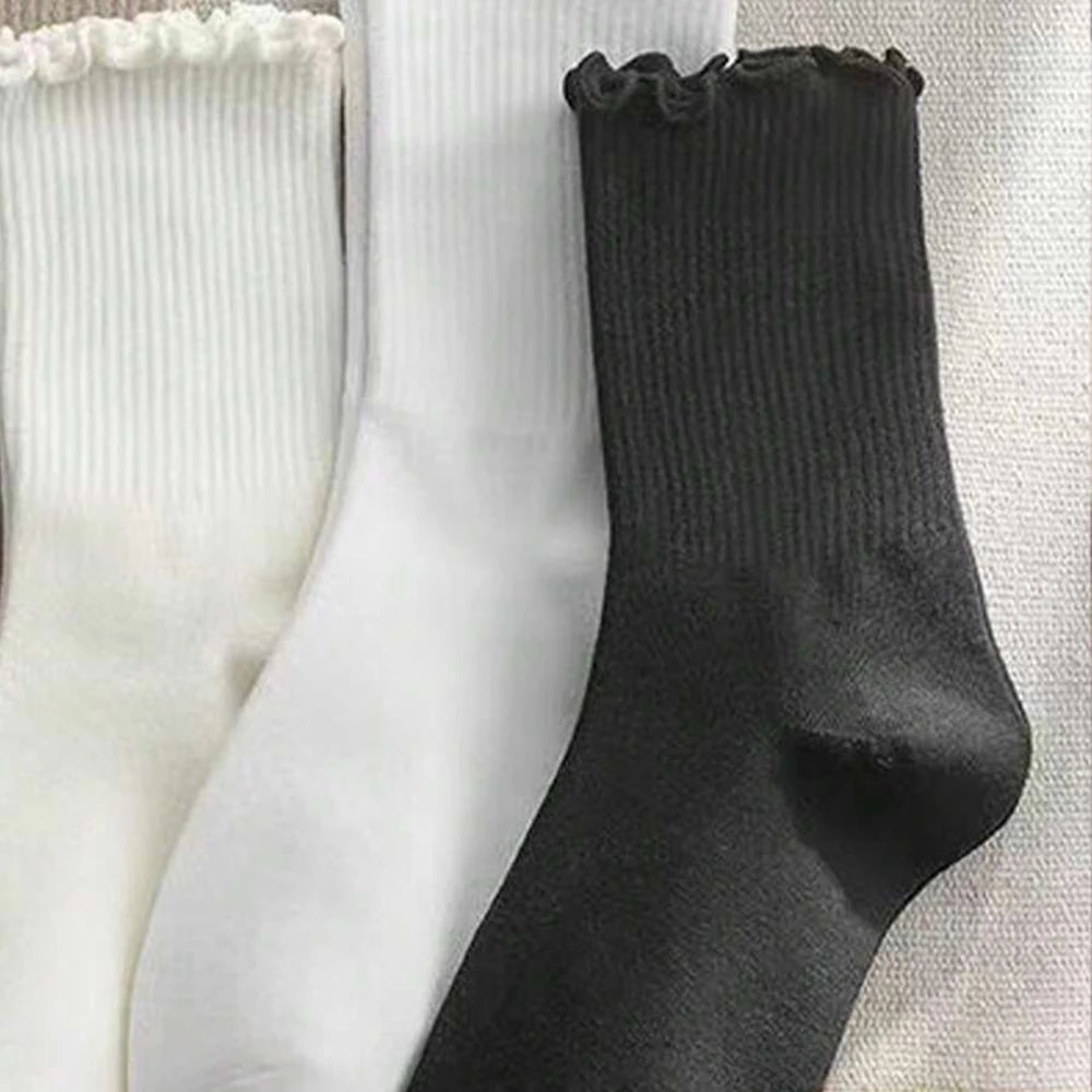 6/12 Pairs Women Solid Color Wavy Edge Mid Tube Socks Fashionable Sweet Style Breathable Comfortable Spring Summer Casual Socks - Matrix Studios