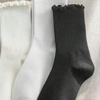 6/12 Pairs Women Solid Color Wavy Edge Mid Tube Socks Fashionable Sweet Style Breathable Comfortable Spring Summer Casual Socks - Matrix Studios