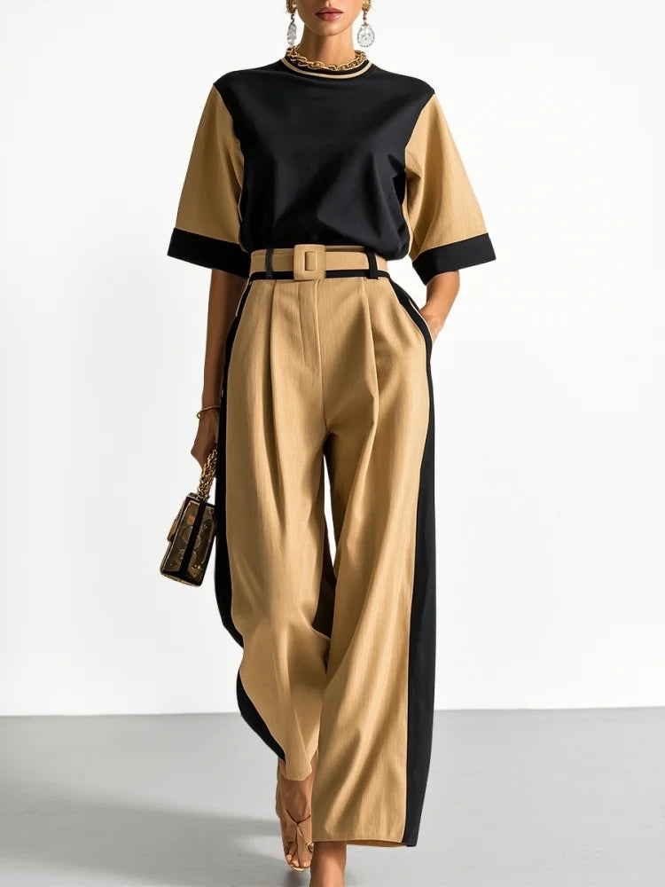 Pants Set Round Neck Mid Sleeve Color Block Top Belted High Waist Wide Leg Pants For Women Business Office Daily Commute Formal Matching Outfit - Matrix-studios.com