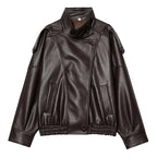 HXAO Black Jacket Women's Coat Faux Leather Jacket Outerwears Demi-Season Bomber Moto Biker Zipper Jacket High Neck Short Coat - Matrix Studios