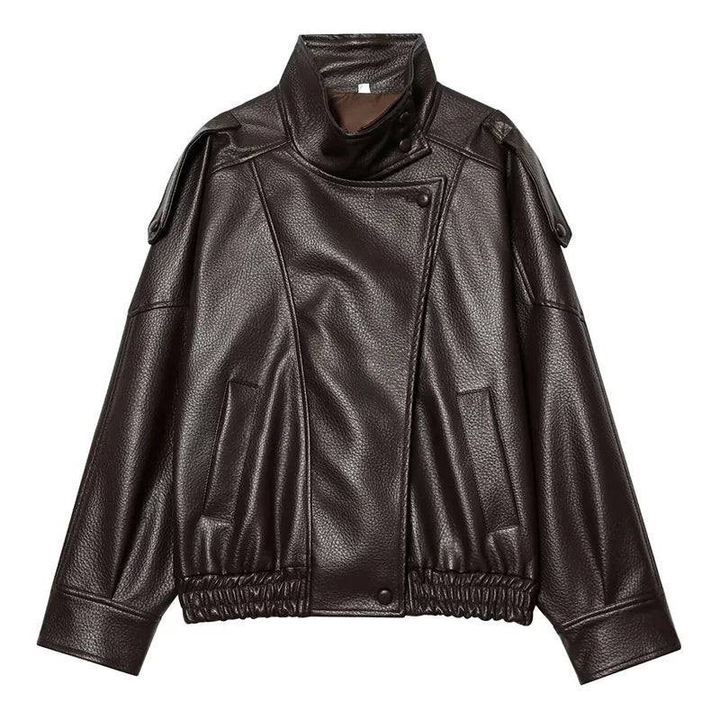 HXAO Black Jacket Women's Coat Faux Leather Jacket Outerwears Demi-Season Bomber Moto Biker Zipper Jacket High Neck Short Coat - Matrix Studios