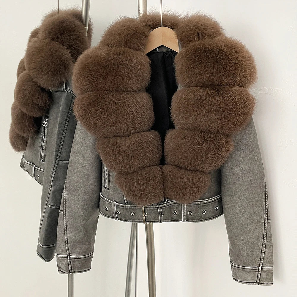 OFTBUY Natural Fox Fur Faux Leather Jacket Female New Autumn Short Top Clothing Women Long Sleeve Fake Leather Real Fur Coat - Matrix Studios