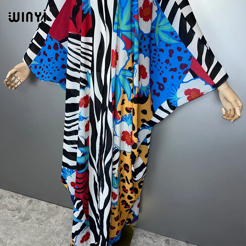 WINYI Africa Leopard Print Kimonos Loose Dresses for Woman Cardigans Beach Outfits Kaftan Beach Cover Up Evening Dress Maxi Coat - Matrix Studios