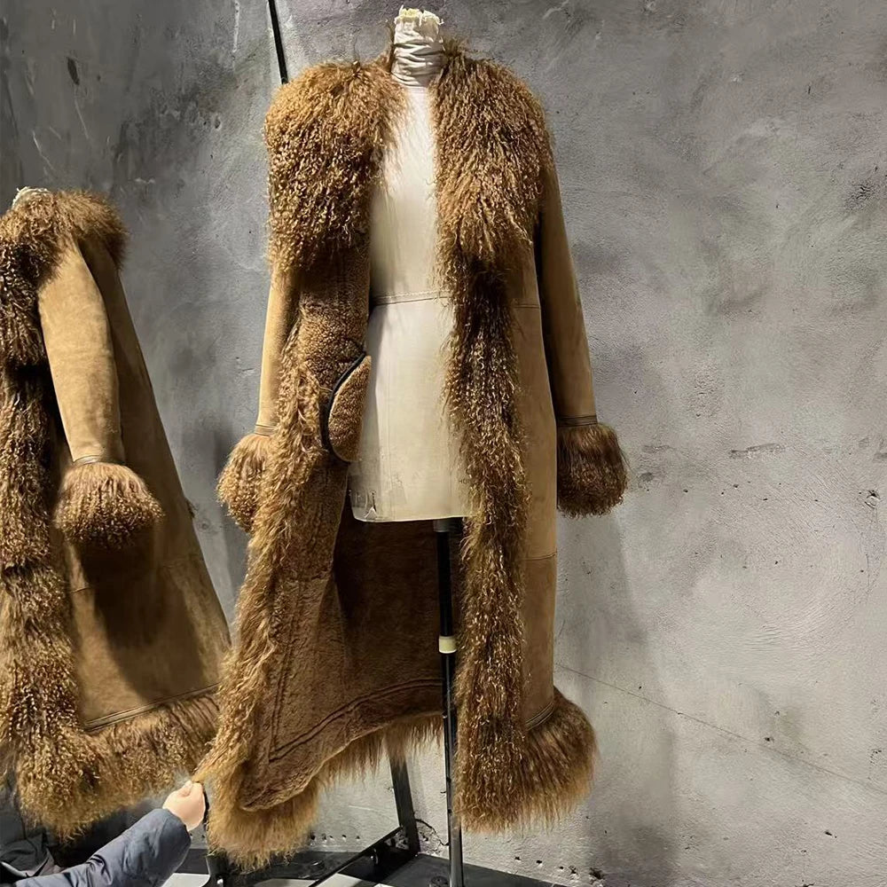 Suede Coat Fur Collar Women Autumn Genuine Sheepskin Coat Long with Mongfolian Fur Trim - Matrix Studios