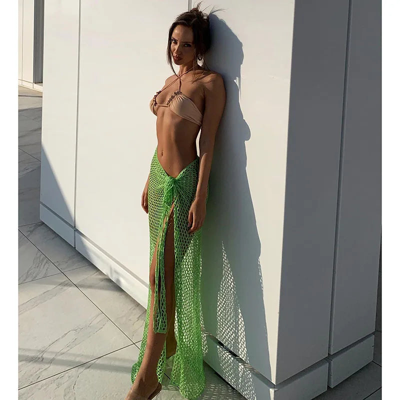 2024 Croche Beach Cover Up Sexy See Through Dress Knit Long Skirts Mesh Hollow Out Through Wrap White Midi Skirt Party Outfits - Matrix Studios