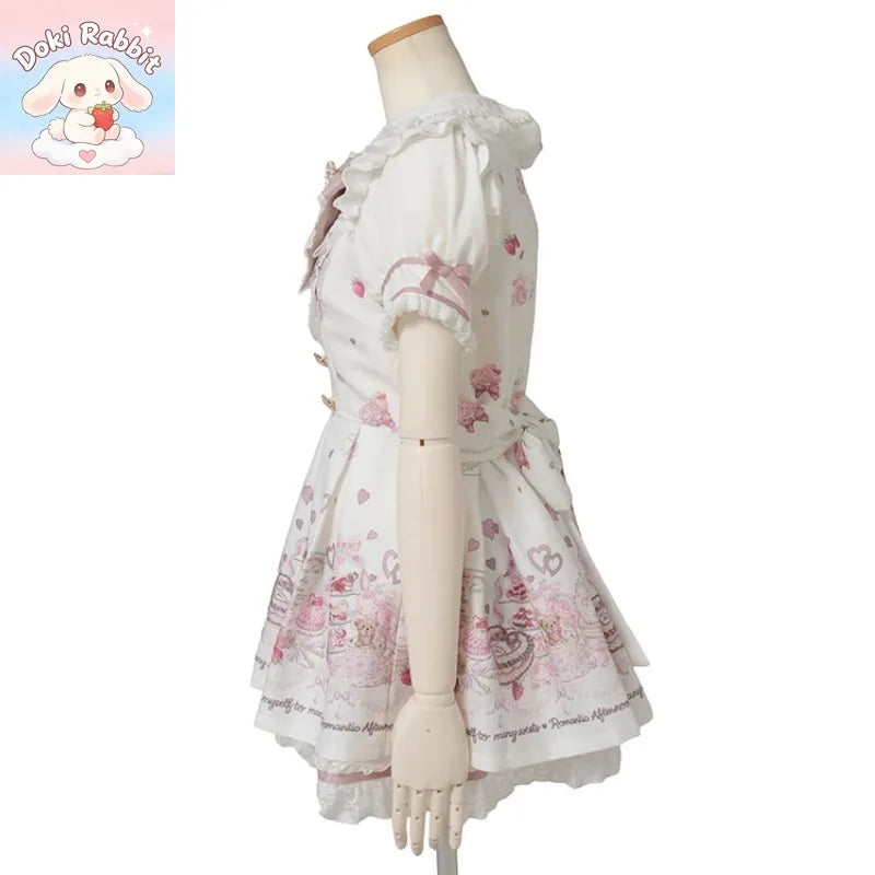 Summer Y2K Harajuku Japanese Subculture Kawaii 2 Piece Set Women's Short Sleeve Bow Printed Dress + Lace Mini Skirt Sweet Outfit - Matrix-studios.com