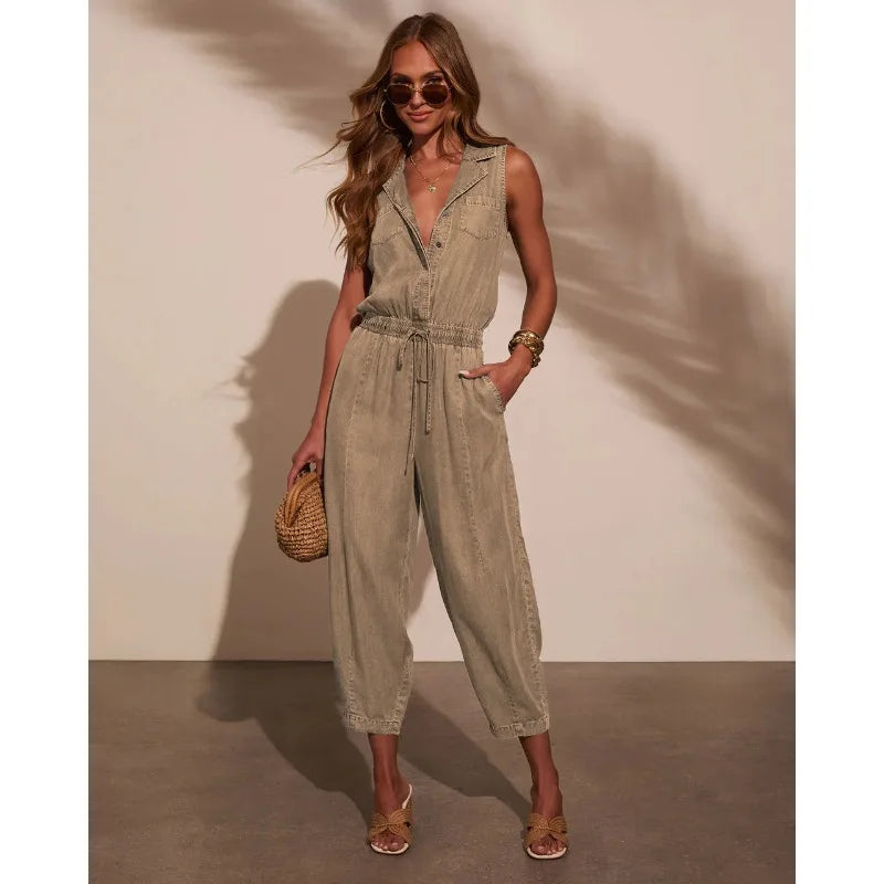 Women Jumpsuits Sleeveless Denim Pants One Piece Drawstring Pockets Rompers Solid Spliced Casual Button Jeans Overalls - Matrix Studios