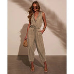 Women Jumpsuits Sleeveless Denim Pants One Piece Drawstring Pockets Rompers Solid Spliced Casual Button Jeans Overalls - Matrix Studios