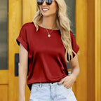 Women Summer Style Satin Blouses Shirts Lady Casual Bat wing Sleeve O-Neck Solid Color Loose Blusas Tops - Matrix-studios.com