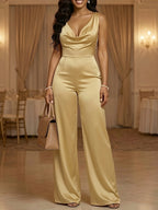 Women Sleeveless V Neck Cowl Wide Leg Jumpsuit For Formal Dinner Wedding Guest And Evening Party Occasion