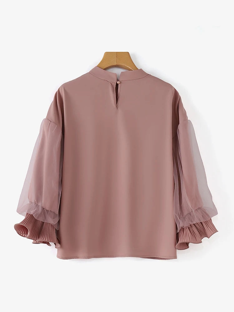 ZANZEA Women Elegant Party Blouse Vintage Mesh Ruffle 3/4 Sleeve Tops 2024 Autumn Stand Collar Shirts Korean Version Loose Tunic - Matrix-studios.com