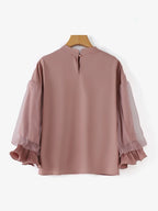 ZANZEA Women Elegant Party Blouse Vintage Mesh Ruffle 3/4 Sleeve Tops 2024 Autumn Stand Collar Shirts Korean Version Loose Tunic - Matrix-studios.com