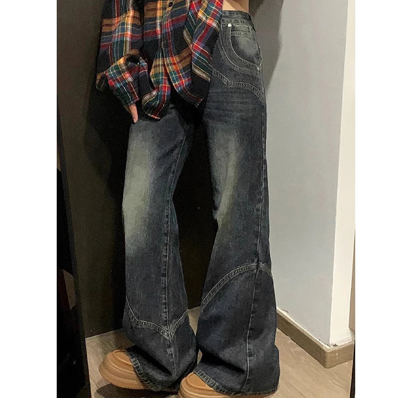 Y2K Spicy Girl Dark Series Wide Leg Jeans Women's New High Street Splicing Loose High Waist Slimming Flare  Pants - Matrix-studios.com