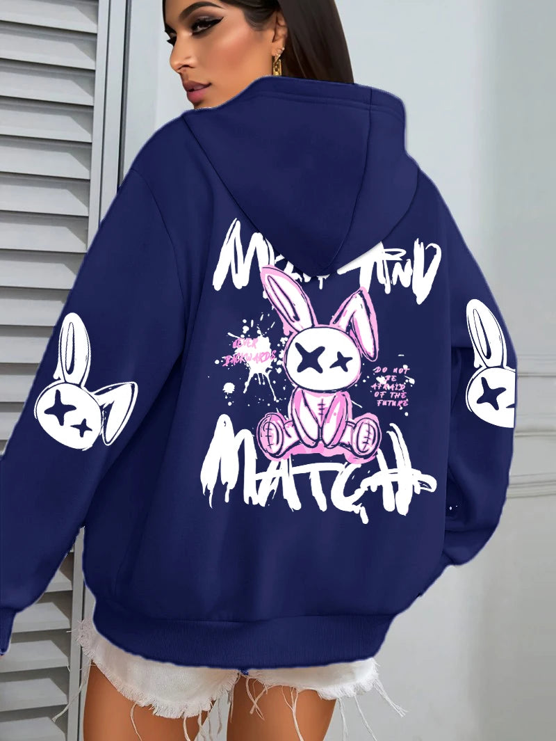 Mix And Match Cartoon Rabbit Prints Women Hoodie Pocket Streetwear Harajuku Loose Hoody All-Match Fleece Female Clothing - Matrix Studios