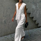 Fashion Women's Trouser Suits Sleeveless V-Neck Top Women Casual Straight Pants Sets Summer Women's Suit Commuter 2 Piece Set - Matrix-studios.com