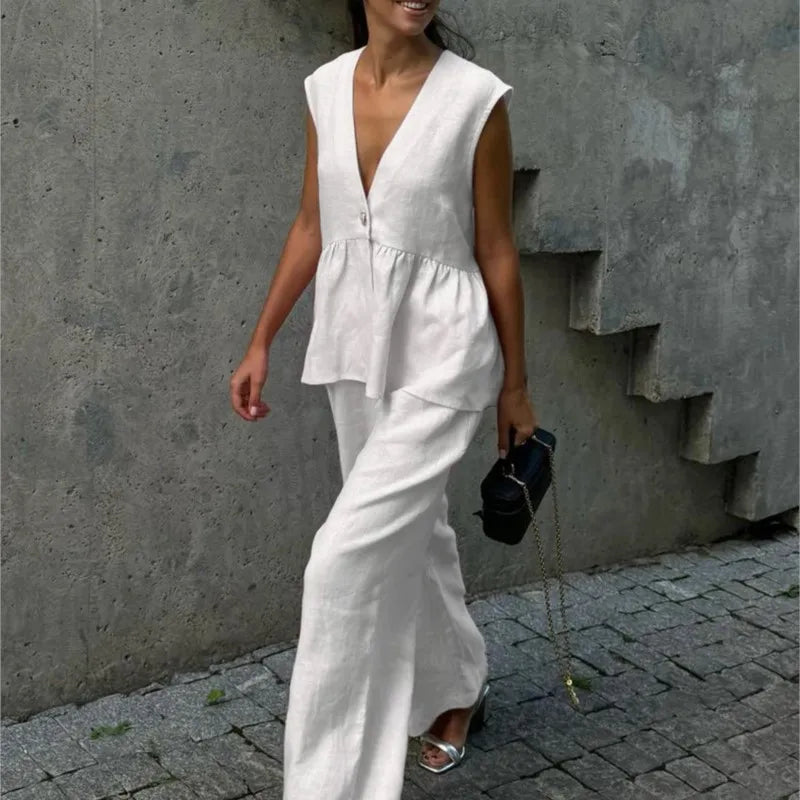 Fashion Women's Trouser Suits Sleeveless V-Neck Top Women Casual Straight Pants Sets Summer Women's Suit Commuter 2 Piece Set - Matrix-studios.com