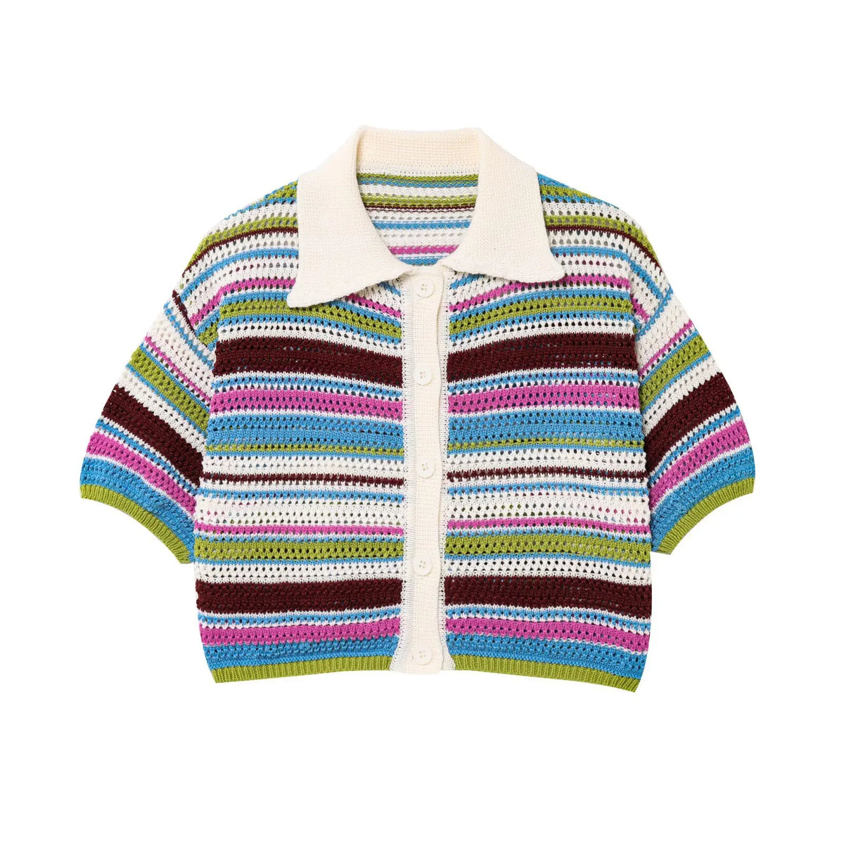 Women Patchwork Striped Hollow Out Crochet Knitted Crop Sweater Shorts Set Short Sleeve Polo Collar Sweater Knit Shorts Suit Y2K - Matrix-studios.com
