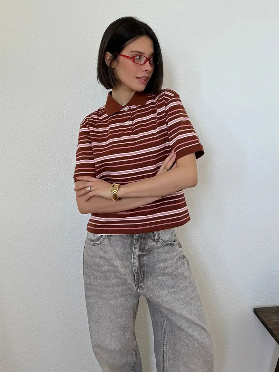Sumuyoo Women's Retro Striped Polo T-Shirt Loose Fit Short Sleeve Casual Knitted Shirt Fashionable Summer Top for Ladies - Matrix-studios.com