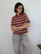 Sumuyoo Women's Retro Striped Polo T-Shirt Loose Fit Short Sleeve Casual Knitted Shirt Fashionable Summer Top for Ladies - Matrix-studios.com