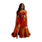 Women Off Shoulder Printed Maxi Gown With Front Slit For Wedding Guest Formal Evening Prom And Banquet Occasion - Matrix-studios.com