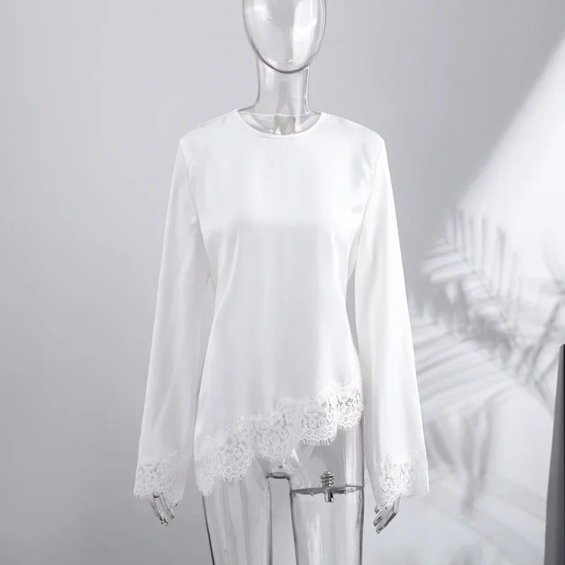 Elegant Patchwork Lace Women's Blouses Slim Lace Up O-neck Irregular Hem Female Top 2026 Spring Summer Lady All-matching Tops - Matrix-studios.com