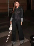 HH Women Fashion Denim Set Casual Lapel Long Sleeve Crop Jacket Buttons Female Vintage Wide Leg Loose Jeans Long Pants - Matrix-studios.com