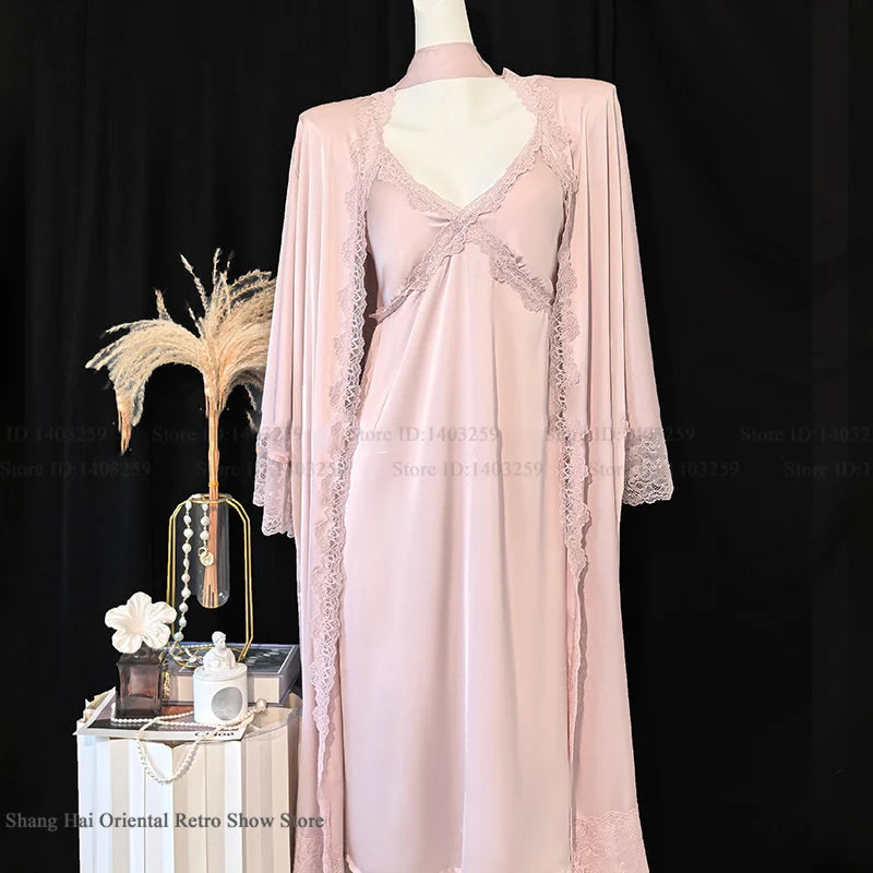 New Female Long Robe Nightgown Set Sexy Lace Trim Sleepwear Suspender Nightdress Spring Summer Casual Satin Home Dress Bathrobe - Matrix-studios.com