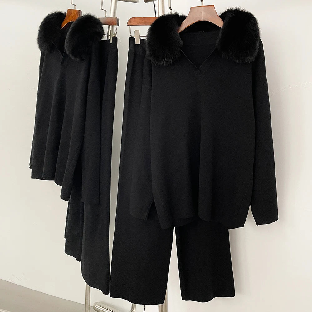 Reality Fur Jacket Pullover Set Woman Spring Knitted Suit Knitwear Female Real Fox Fur Collar Sweater Lady Autumn Knitted New - Matrix Studios