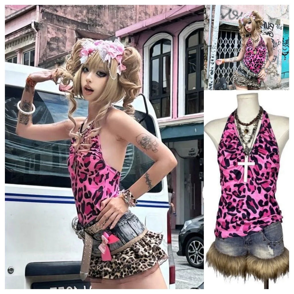 2000s American Vintage Sexy Leopard Camis Y2k Harajuku Slim Lace Patchwork Tanks Summer Streetwear Beach Party Sleeveless Tops - Matrix-studios.com