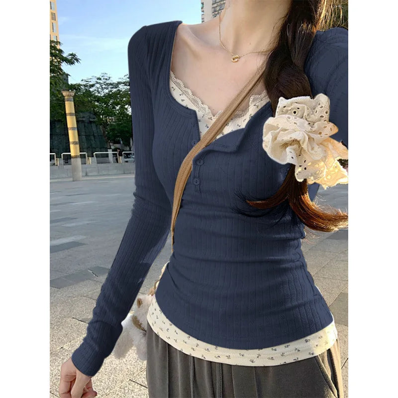 Women Vintage Faux Two-Piece Lace Patchwork T-Shirt Ribbed Knit Long Sleeve Top Square Neck Button Slim Y2K Casual Fall Tee - Matrix-studios.com