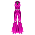 Adult Womens 70s Disco Rompers Lapel V Neck Sleeveless Front Zipper Sequins Bell Bottom Long Pants Jumpsuit Retro Jazz Dancewear - Matrix Studios