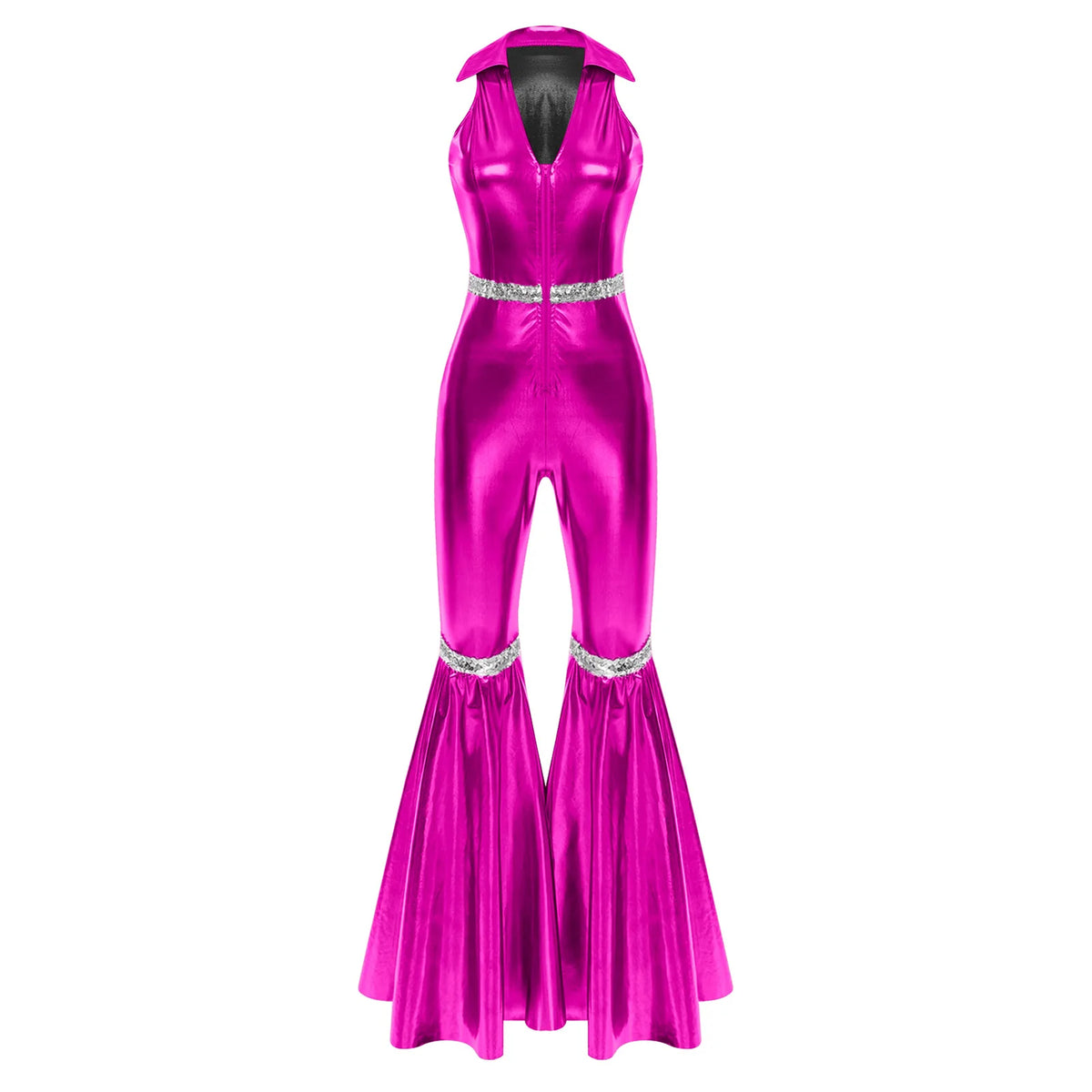 Women Vintage One Piece 70s Disco Dance Rompers Sleeveless Metallic Bell Bottom Flared Pants Jumpsuit for Retro Party Jazz Dance - Matrix Studios