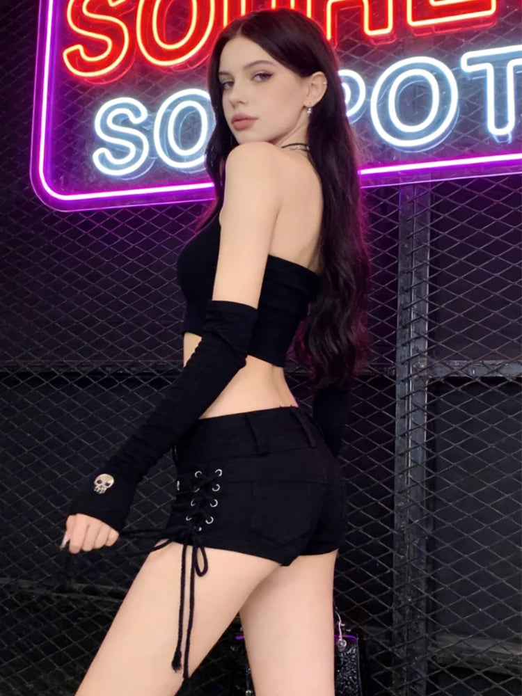 Women's Black Gothic Denim Shorts Vintage Aesthetic Korean Low Waist Jean Shorts Harajuku Y2k Cowboy Short Pants Clothes Summer - Matrix Studios