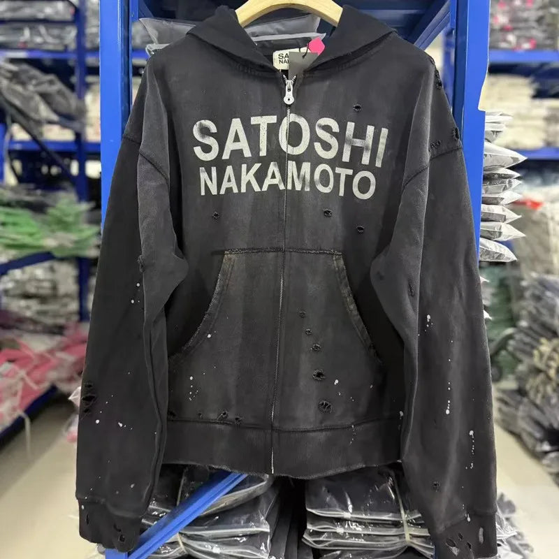 26ss Winter Green Oversize Street Outfit SATOSHI Jacket Washed Retro Distressed Splashed Ink Zipper Hoodie Men Women Loose Hoody - Matrix-studios.com