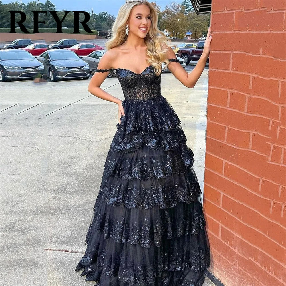 RFYR Puffy Gold Evening Dress Off  Shoulder Vestidos De Noche Sweetheart Layered Prom Dress Appliques Party Dress Customized - Matrix Studios