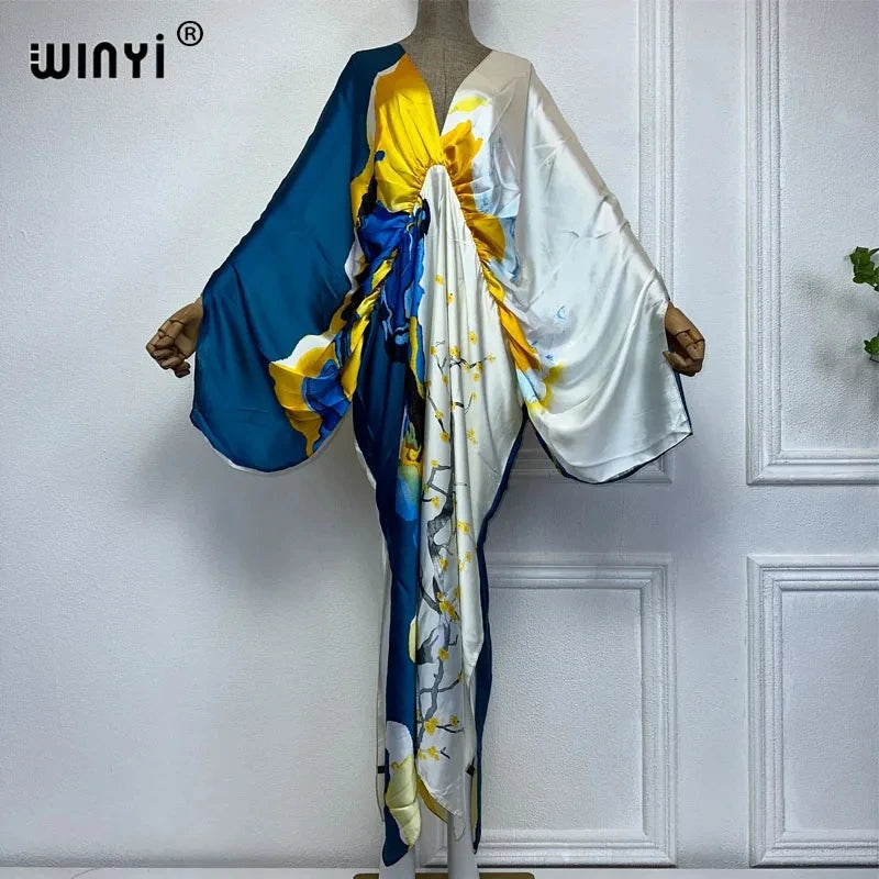 WINYI New Fashion Bohemian Deep V-neck Floral European For Lady Free Size Loose Batwing Holiday Beach Cover Up Party Kaftan Dres - Matrix Studios