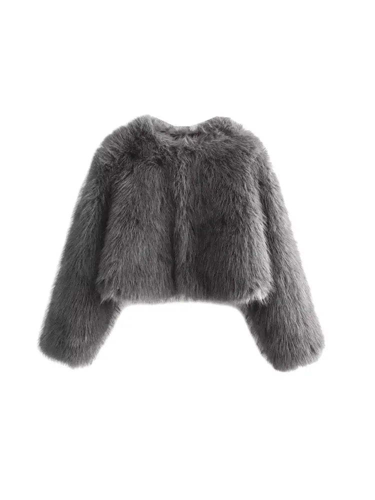 Women's Thick Warm Faux Fur Cropped Jacket, O Neck, Long Sleeve, Female Outerwear, Chic Tops, Fashion - Matrix Studios