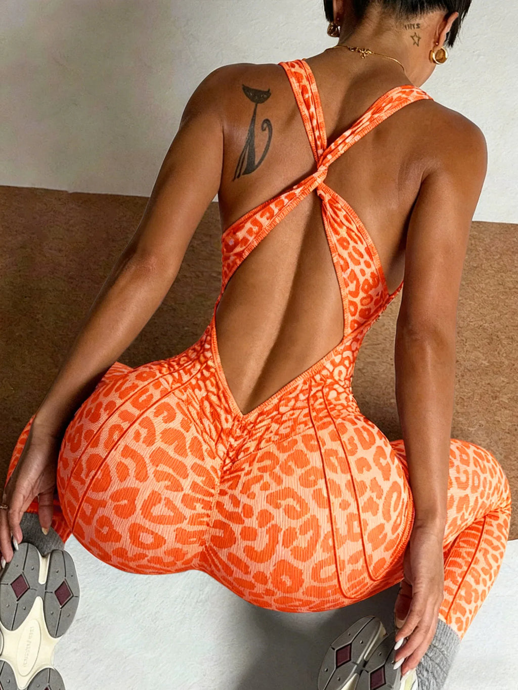 Sexy Leopard Print Sports Jumpsuits for Women V-neck Backless Yoga Bodysuit Female Sleeveless Tight Gym Running Fitness Overalls - Matrix Studios