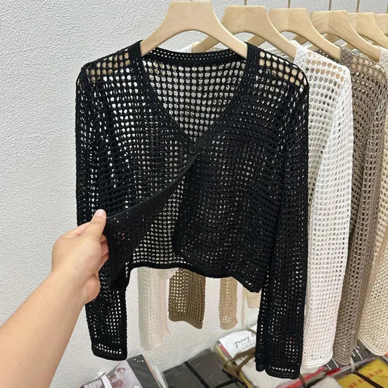 Single Button Crochet Mesh Cardigan for Women Semi Sheer Openwork Sunscreen Jacket Cover Up Summer Hollow-out Knitted Cardigan - Matrix Studios