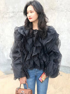 TWOTWINSTYLE Elegant Patchwork Ruffles Chiffon Blouses Women O Neck Lantern Long Sleeve Loose Shirt Female Clothing Fashion - Matrix-studios.com