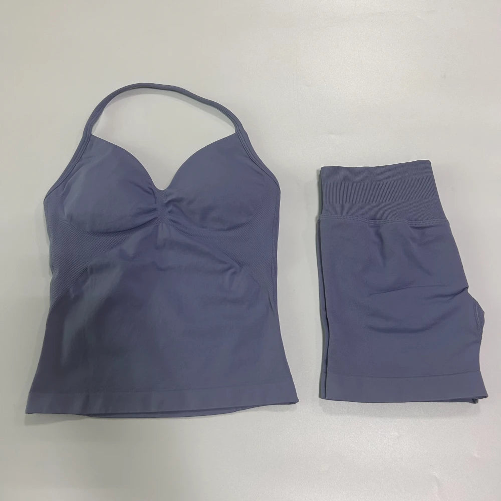 No Logo 2Pcs Gym Set Women Backless Tank Tops High Waist Scrunch Seamless Shorts Gym Suit Fitness Clothes Activewear Workout Set - Matrix-studios.com