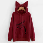 Long Sleeve Hoodies Sweatshirt For Women Cute Cat Print and Ear Kangaroo Pocket Drawstring Hooded Jogger Pullover Tops - Matrix Studios