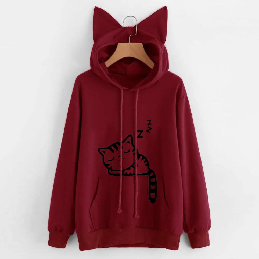 Long Sleeve Hoodies Sweatshirt For Women Cute Cat Print and Ear Kangaroo Pocket Drawstring Hooded Jogger Pullover Tops - Matrix Studios