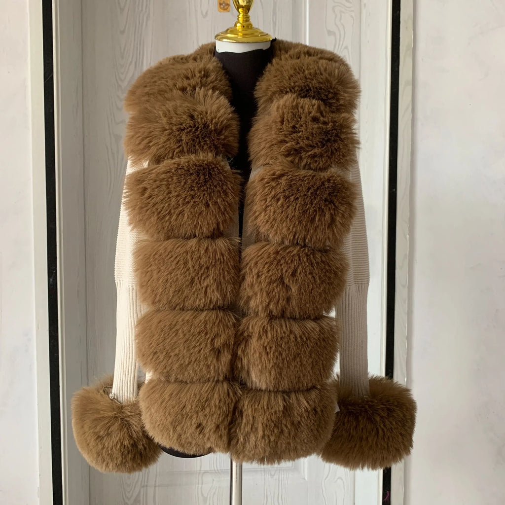 Women Knit Faux Fur Cardigan Spring Autumn Elegant Ladies Fashion Faux Fur Coat Knitted Sweater with Fake Fox Fur Collar - Matrix Studios
