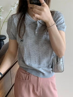 AOSSVIAO 2026 Summer New Korean Fashion Slim Polo shirt Knitted Short Sleeve T-shirt Sweet Bow Embroidered Knitted  Women Tops - Matrix-studios.com