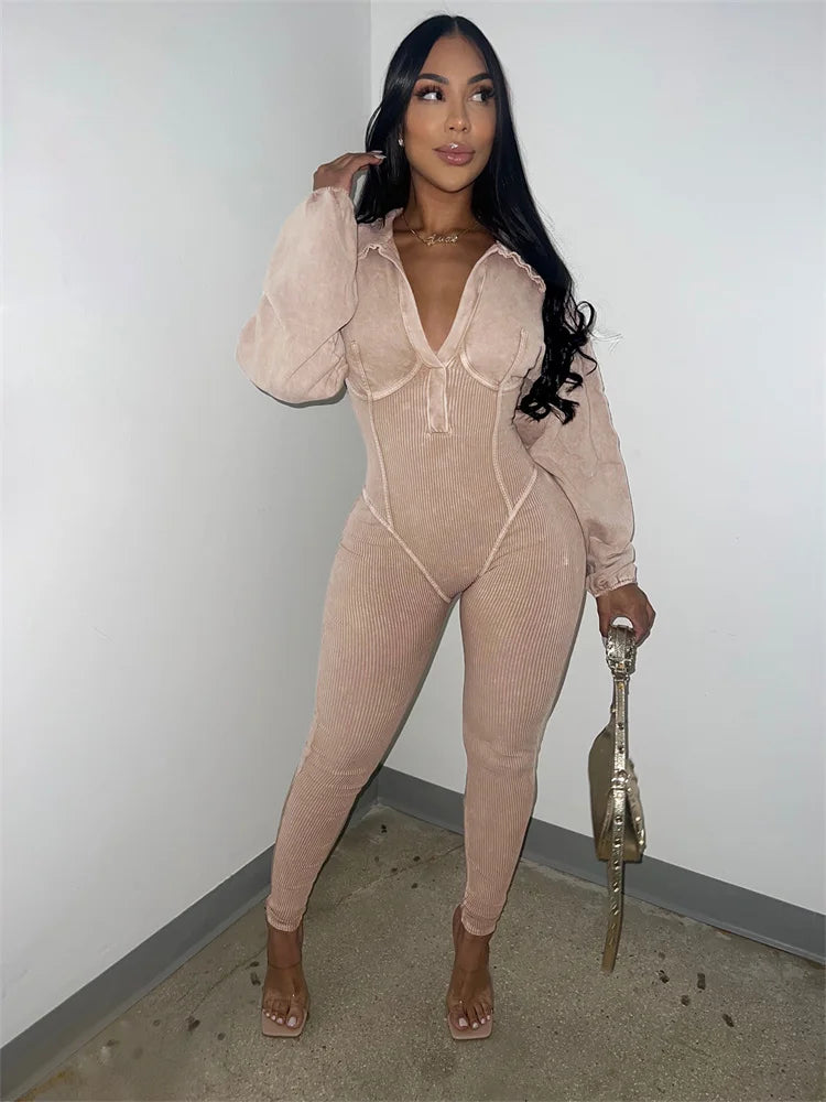 Weird Puss Washed Distressed Jumpsuit Women Ribbed V-Neck Solid SKinny Long Sleeve Fall Casual Trend Simple Activity Streetwear - Matrix Studios