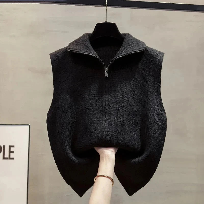 Double Zipper Women Knitted Sweater Vest Spring Autumn Stand Collar Sleeveless Sweater Vest Solid Waistcoat Outer Wear Vest Top - Matrix Studios