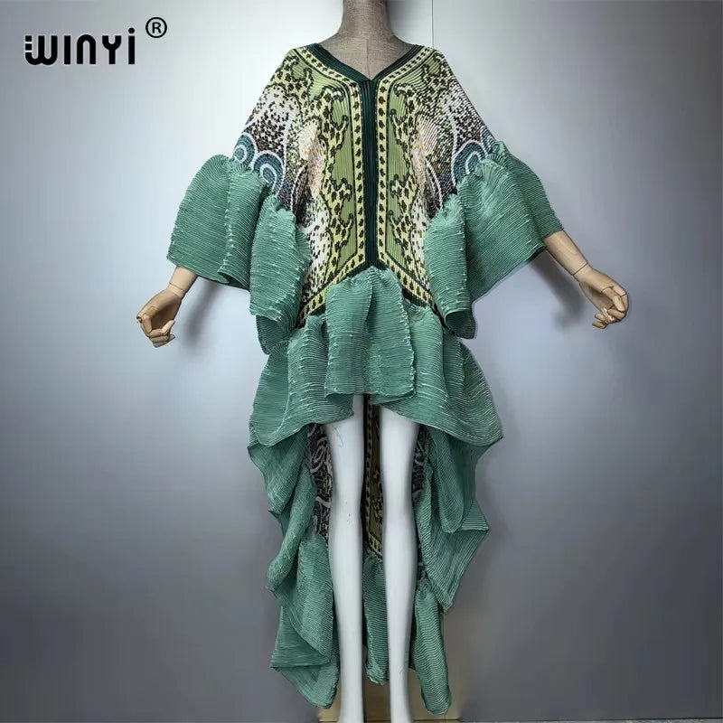 WINYI Middle East Boho Maxi Kaftan Dress Elegant Pleated Elastic Beach Cover up Luxury Party Evening Dubai Style Abaya - Matrix-studios.com