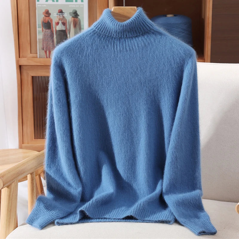 Autumn And Winter New 100% Mink Cashmere Sweater Ladies' High Lapel Solid Color Padded Pullover Wool Knitted Bottoming Shirt - Matrix Studios