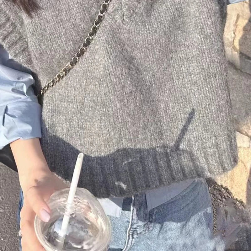 Grey Sleeveless Vest Knitted Vest Women's Autumn and Winter Korean Sweet Style Outerwear Sweater V-neck Casual Knitted Vest - Matrix Studios